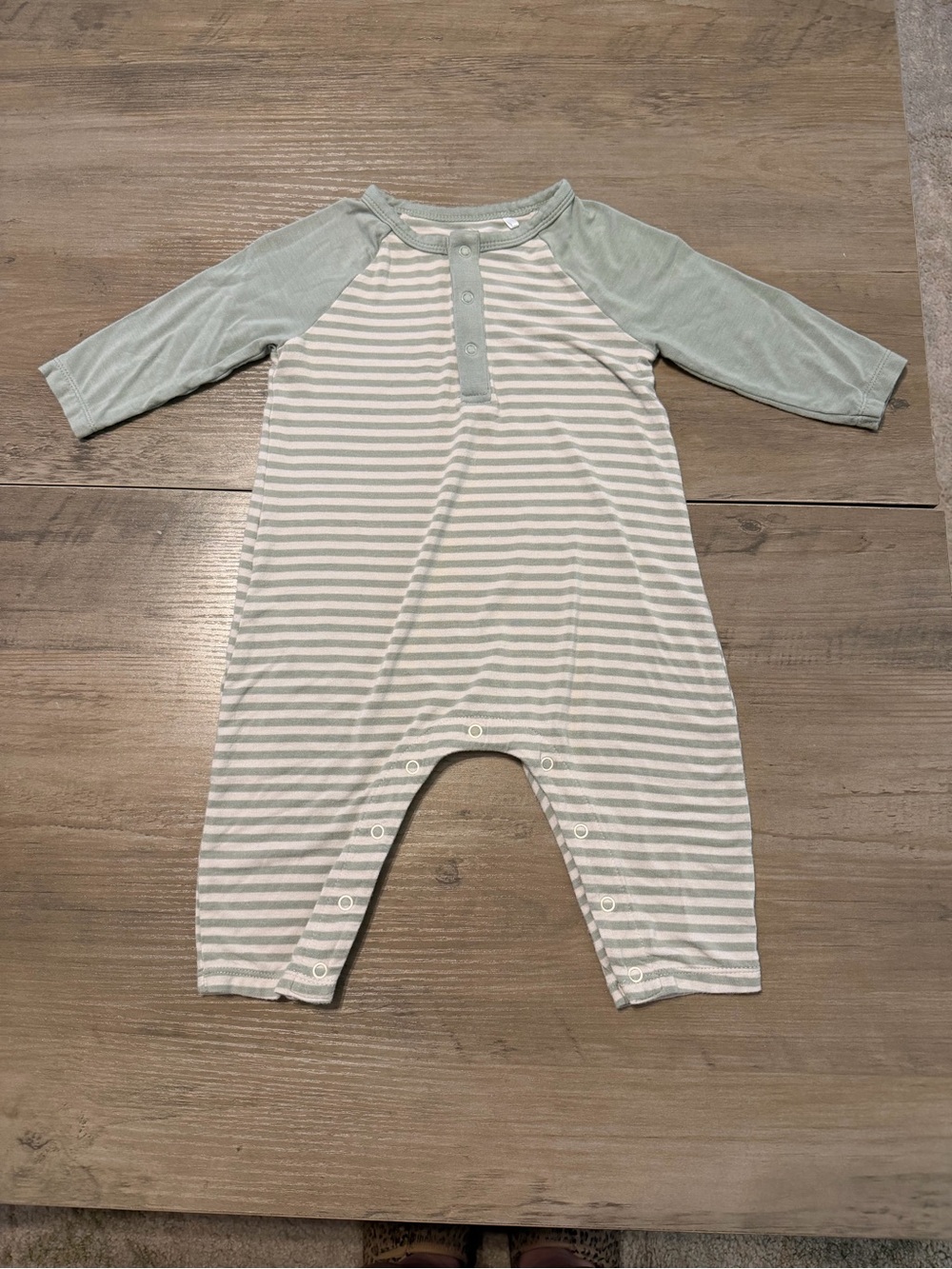Angel Dear Bamboo Henley Romper Striped Cotton Green & White Baby 3-6M